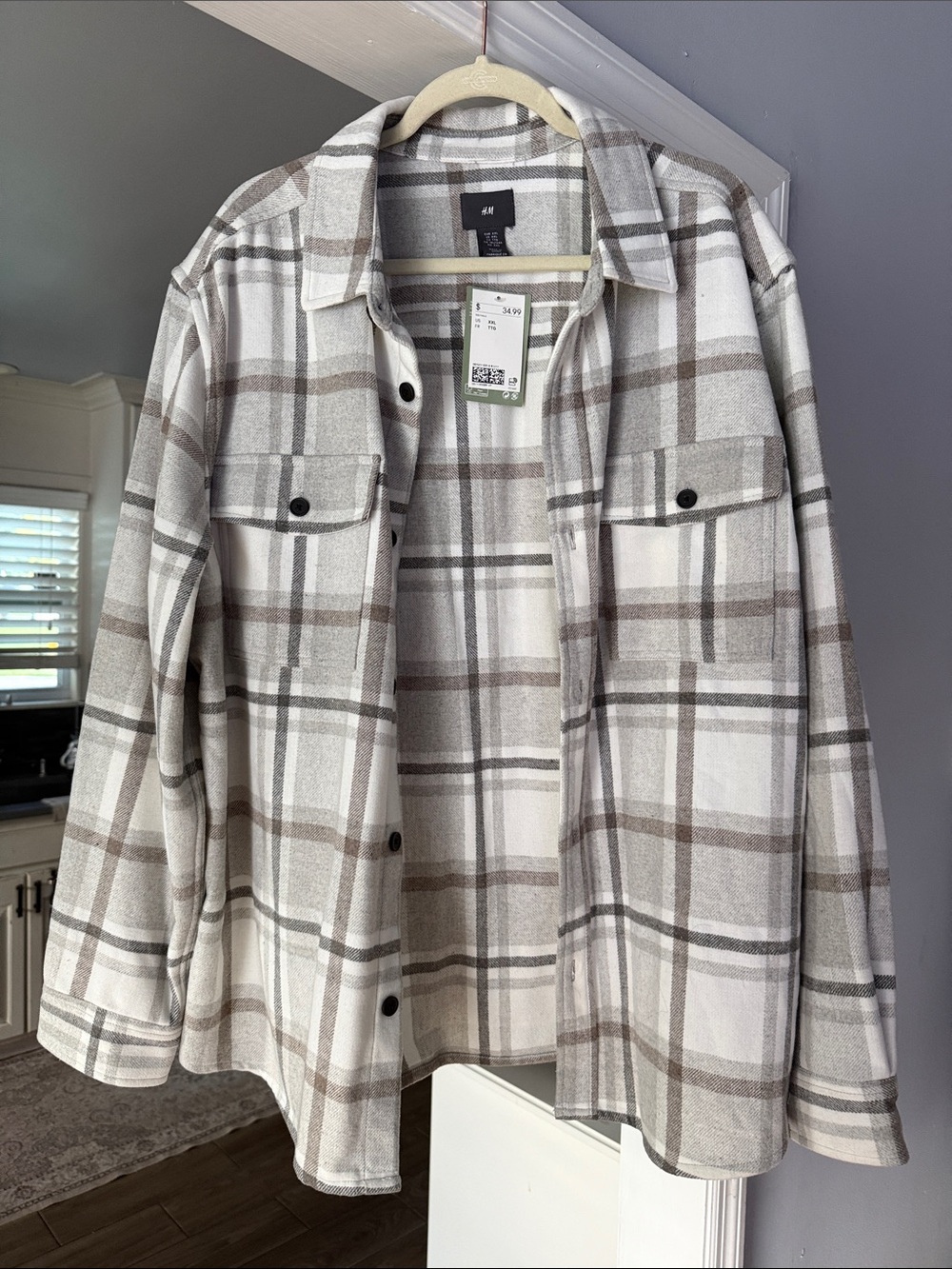 H&M Men's Cream & Brown Plaid Shirt Jacket